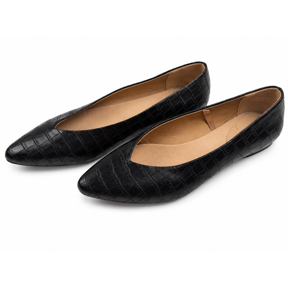 H&M Vintage Black Faux Croc Embossed Pointed Toe Ballet Flats Women's Size 6.5